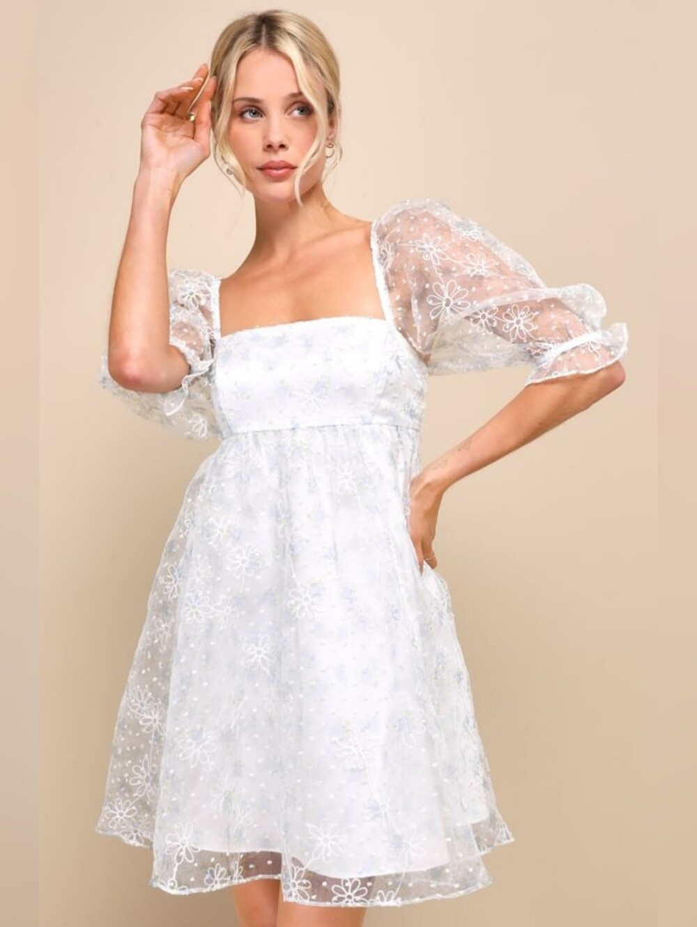 NWT Lulus Size L Divinely Dreamy White Floral Embroidered Babydoll Mini Dress